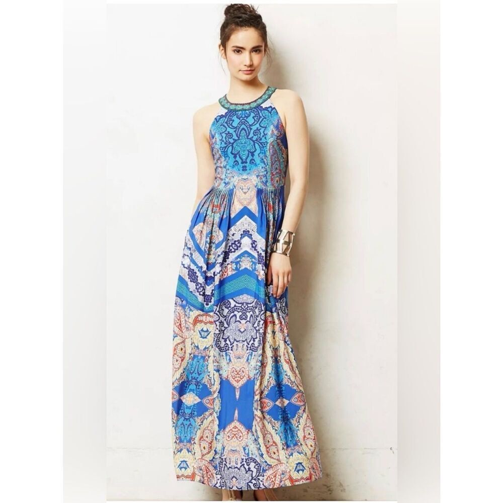 Anthropology/Ranna Gill Blue Printed Halter Maxi Dress